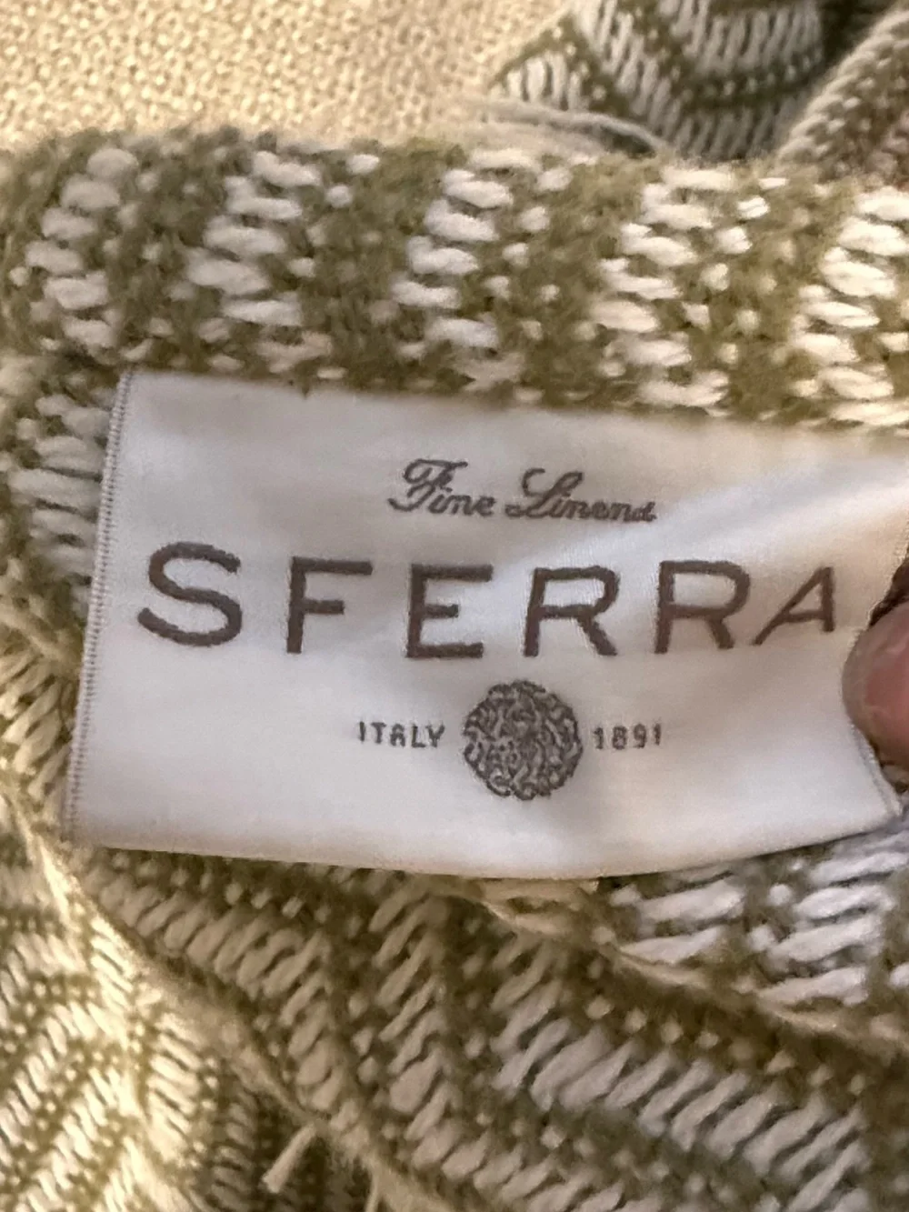 Sferra Luxury Cotton Chevron Throw Blanket Olive/Cream Fringe